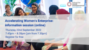 A group of women sat smiling at one another, with event details laid over the top