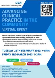 thursday 28th february 7-8pm and friday 3rd march 1-2pm Clinical Practice In the Community virtual event